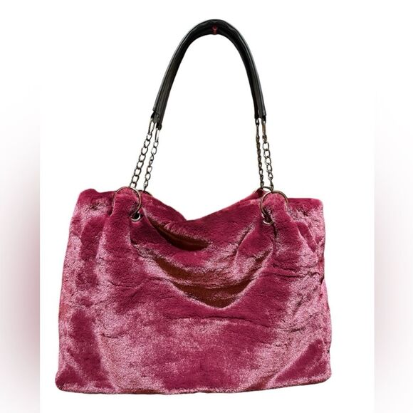 Handbags - NWOT Chic Faux Rabbit Fur Large Shoulder Bag Purse Color Burgundy/ Red Wine